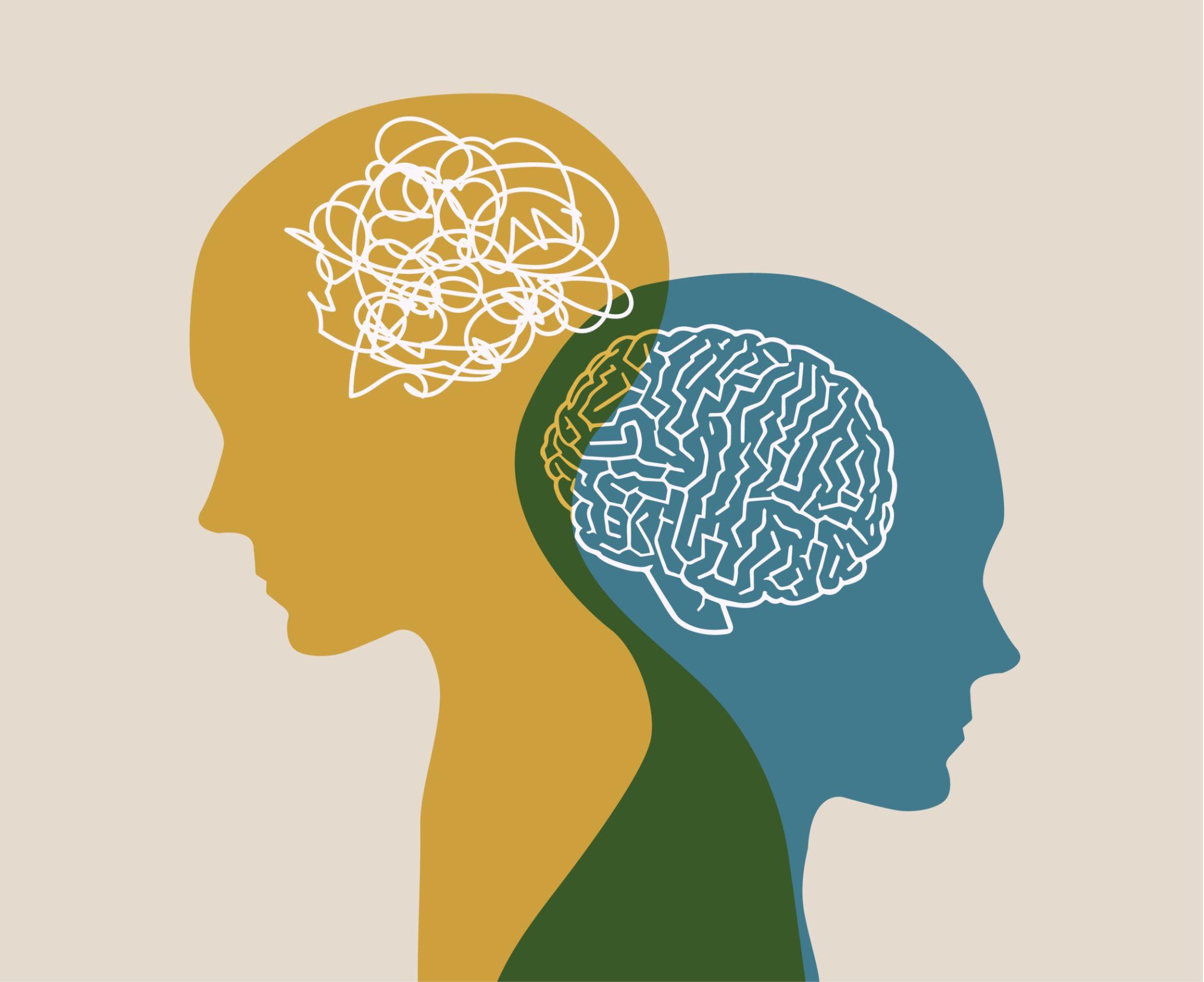 Graphic image of two silhouettes showing variations of brain thoughts in muted beige and blue