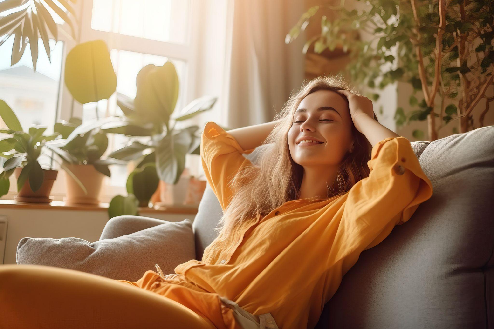 woman in dress relaxing on the couch with plants