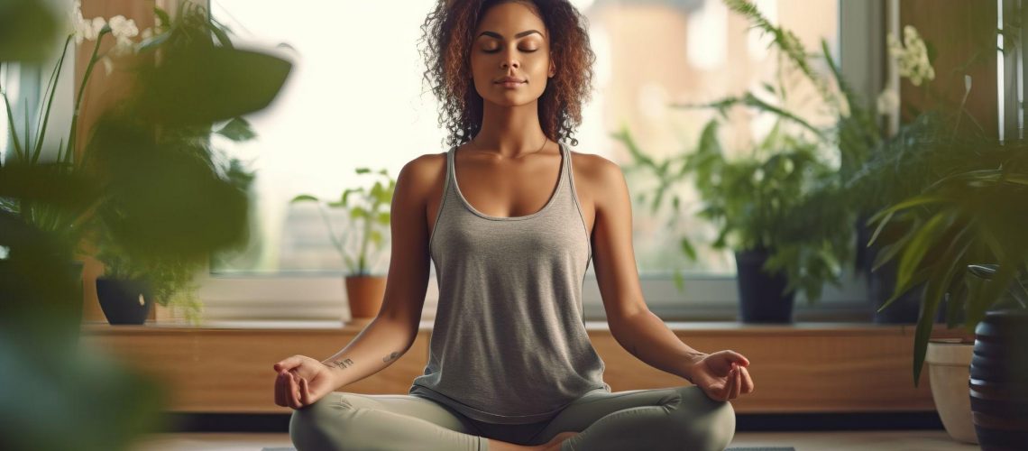Young adult woman sitting on yoga mat sitting in meditation pose.